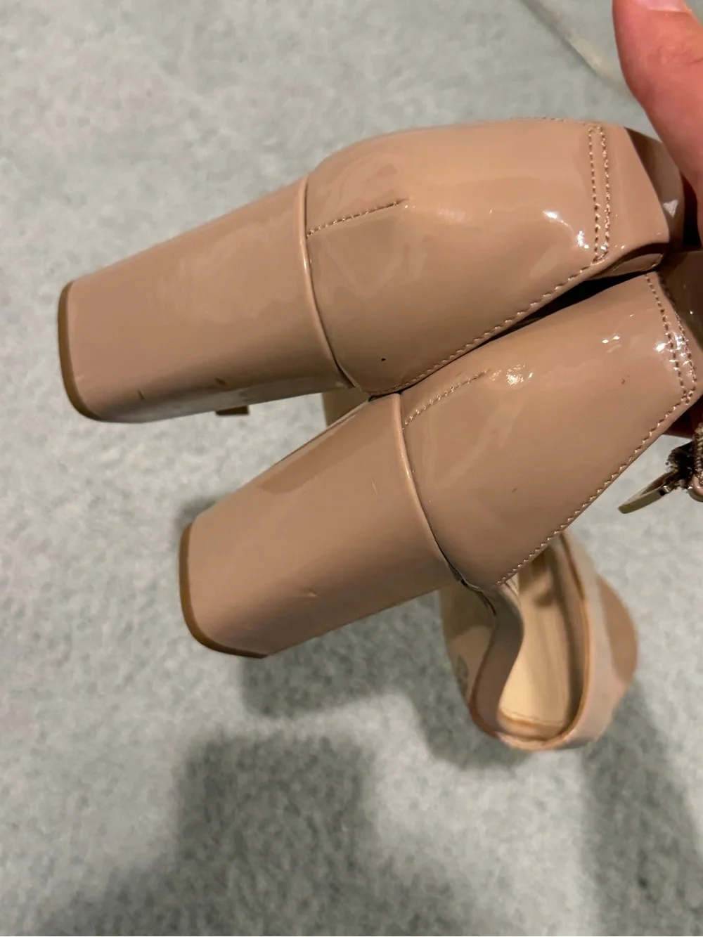 Nine West Nude Patent Ankle-Strap Block Heel Sandals